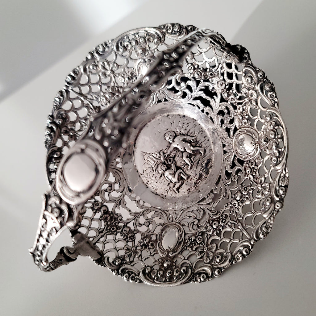 Antique German 800 Silver Pierced Basket with Cherub Scene, Hanau Rococo Revival Filigree Sweetmeat Dish, c.1890 — No.SS123