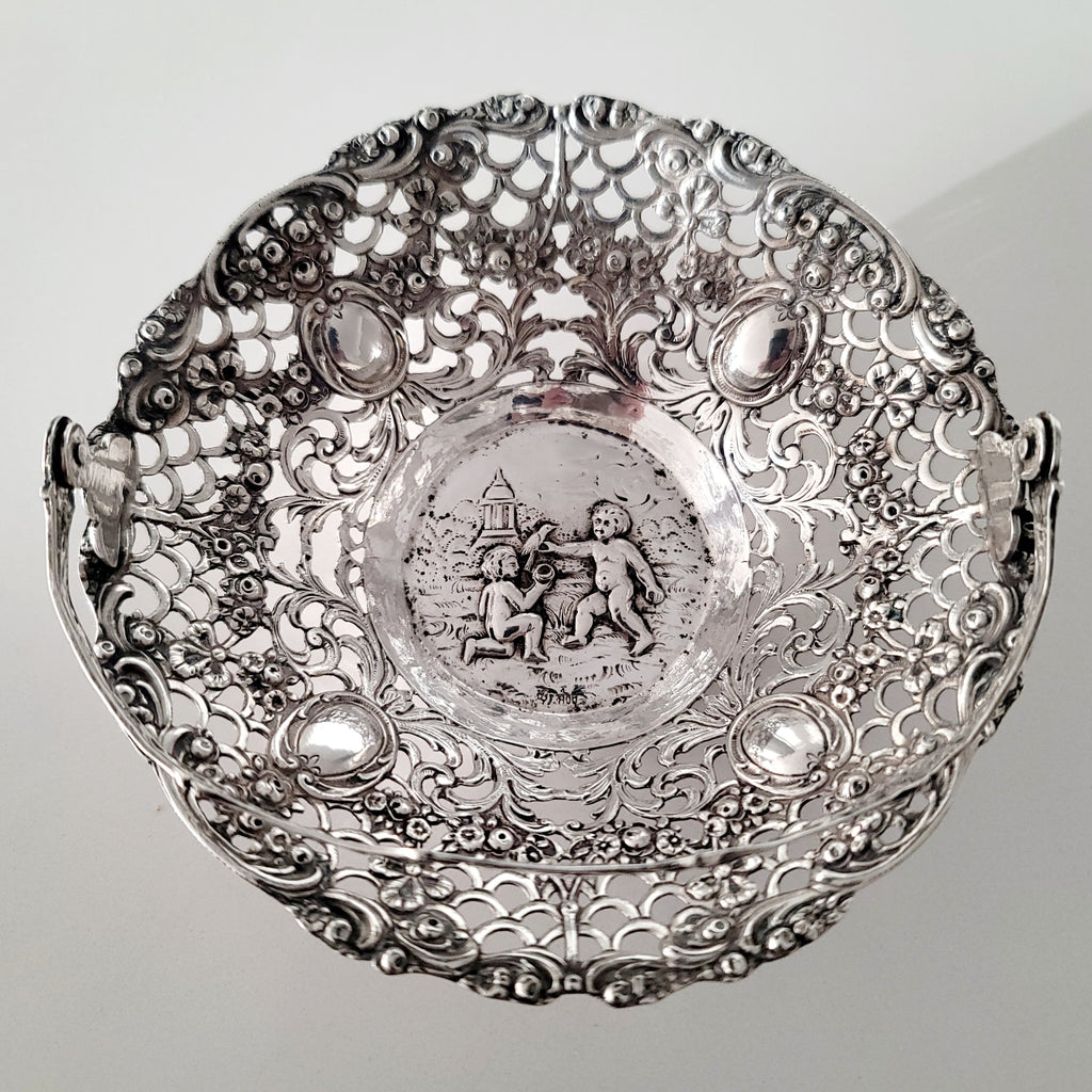 Antique German 800 Silver Pierced Basket with Cherub Scene, Hanau Rococo Revival Filigree Sweetmeat Dish, c.1890 — No.SS123