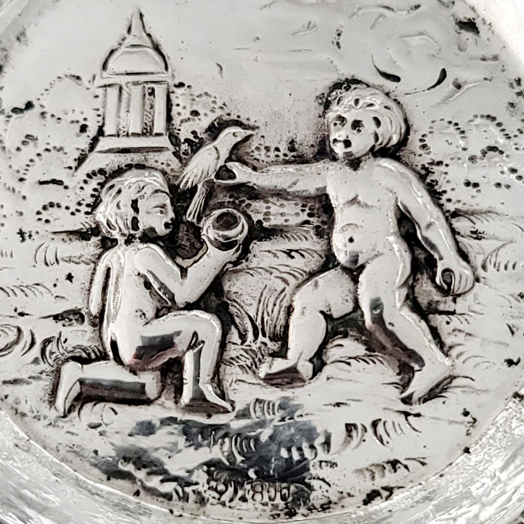 Antique German 800 Silver Pierced Basket with Cherub Scene, Hanau Rococo Revival Filigree Sweetmeat Dish, c.1890 — No.SS123