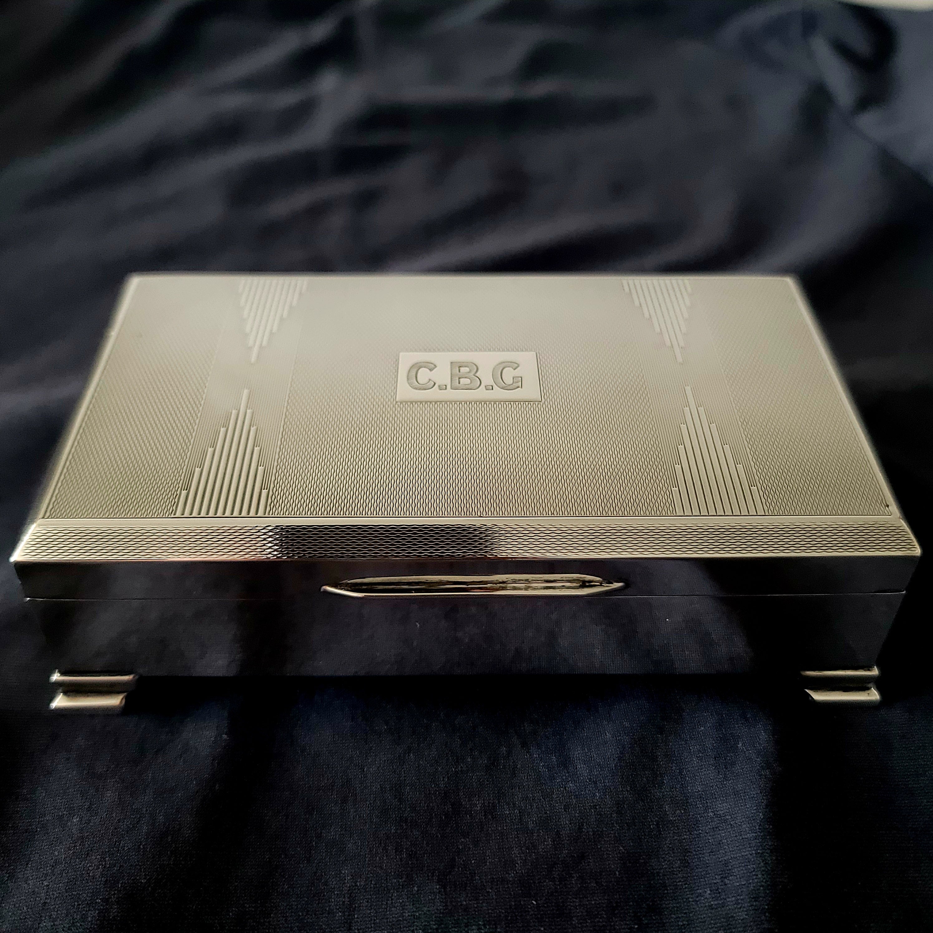 Vintage English Sterling Silver Cigar Box H.BROS Birmingham 1950 Cedar Lined.  No.SS138