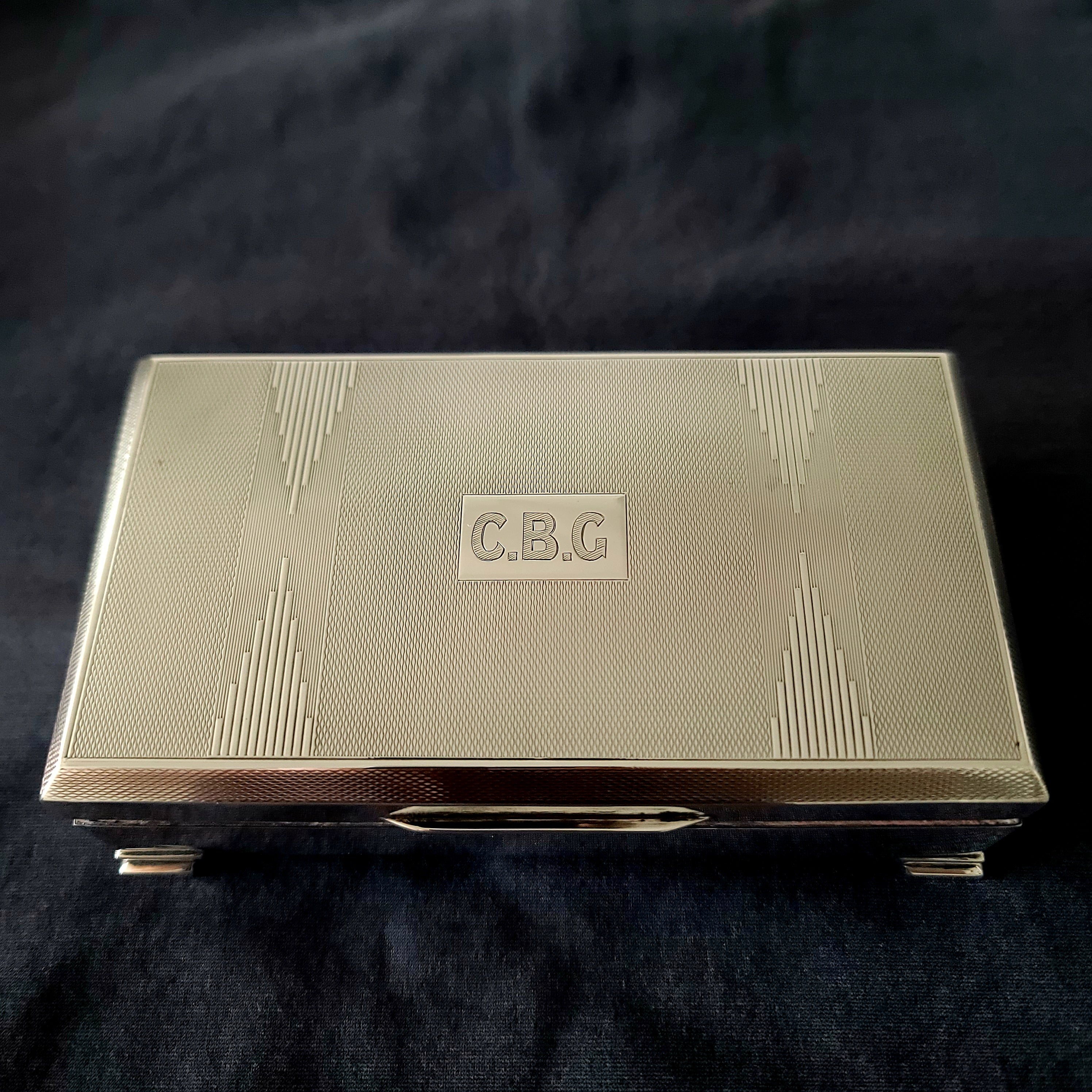Vintage English Sterling Silver Cigar Box H.BROS Birmingham 1950 Cedar Lined.  No.SS138