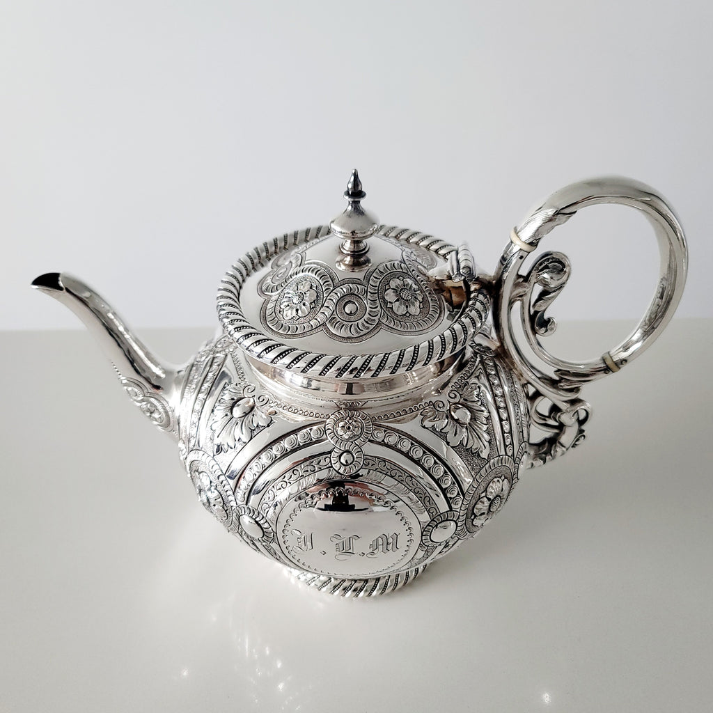 Museum Quality Victorian Silverplate Tea Set | Massive 5 Piece Heavily Engraved Service c1881 | Rare Presentation Piece. No.DS061