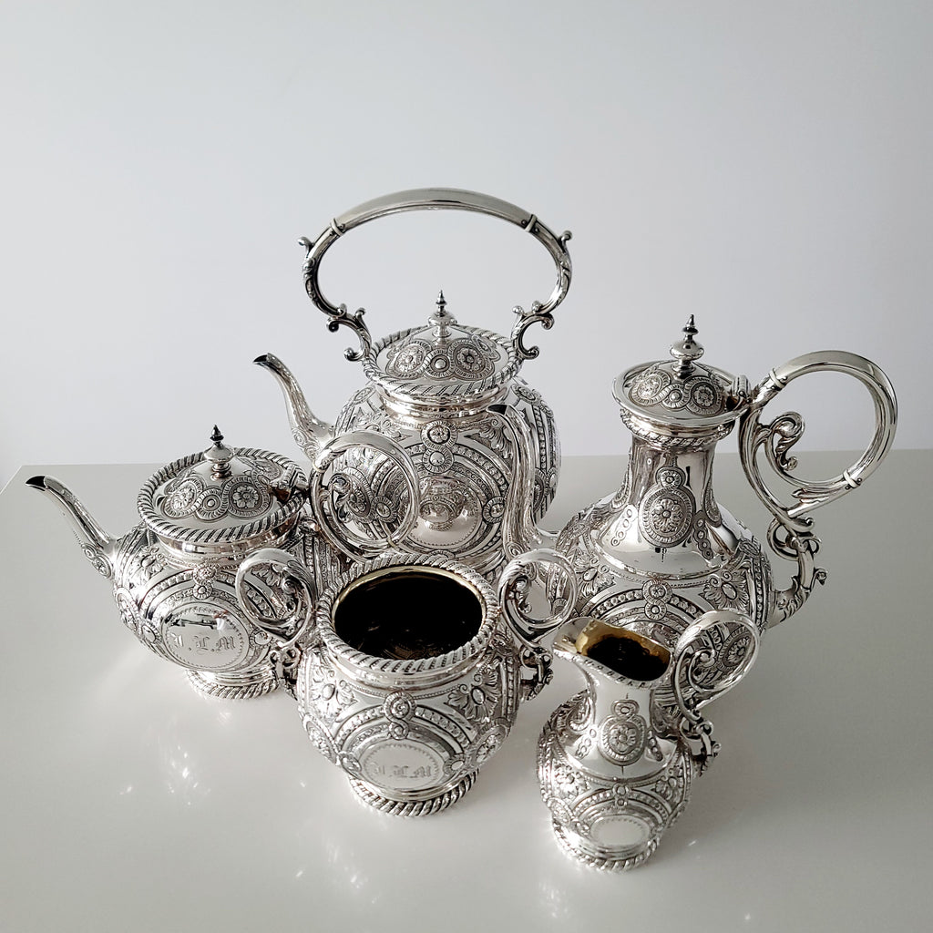 Museum Quality Victorian Silverplate Tea Set | Massive 5 Piece Heavily Engraved Service c1881 | Rare Presentation Piece. No.DS061