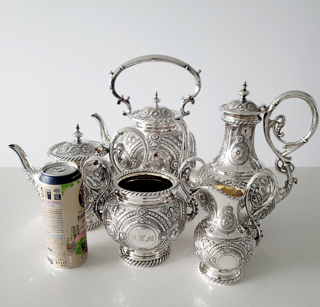 Museum Quality Victorian Silverplate Tea Set | Massive 5 Piece Heavily Engraved Service c1881 | Rare Presentation Piece. No.DS061