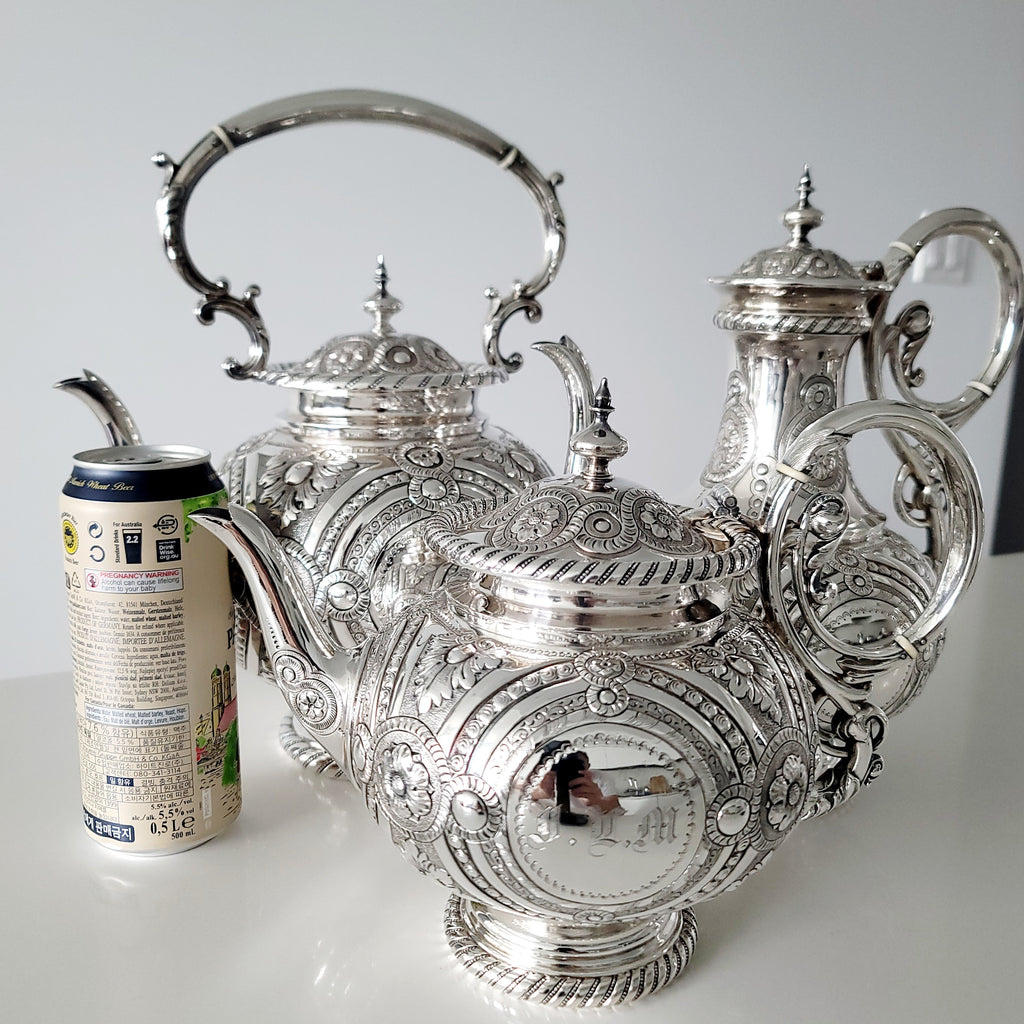 Museum Quality Victorian Silverplate Tea Set | Massive 5 Piece Heavily Engraved Service c1881 | Rare Presentation Piece. No.DS061