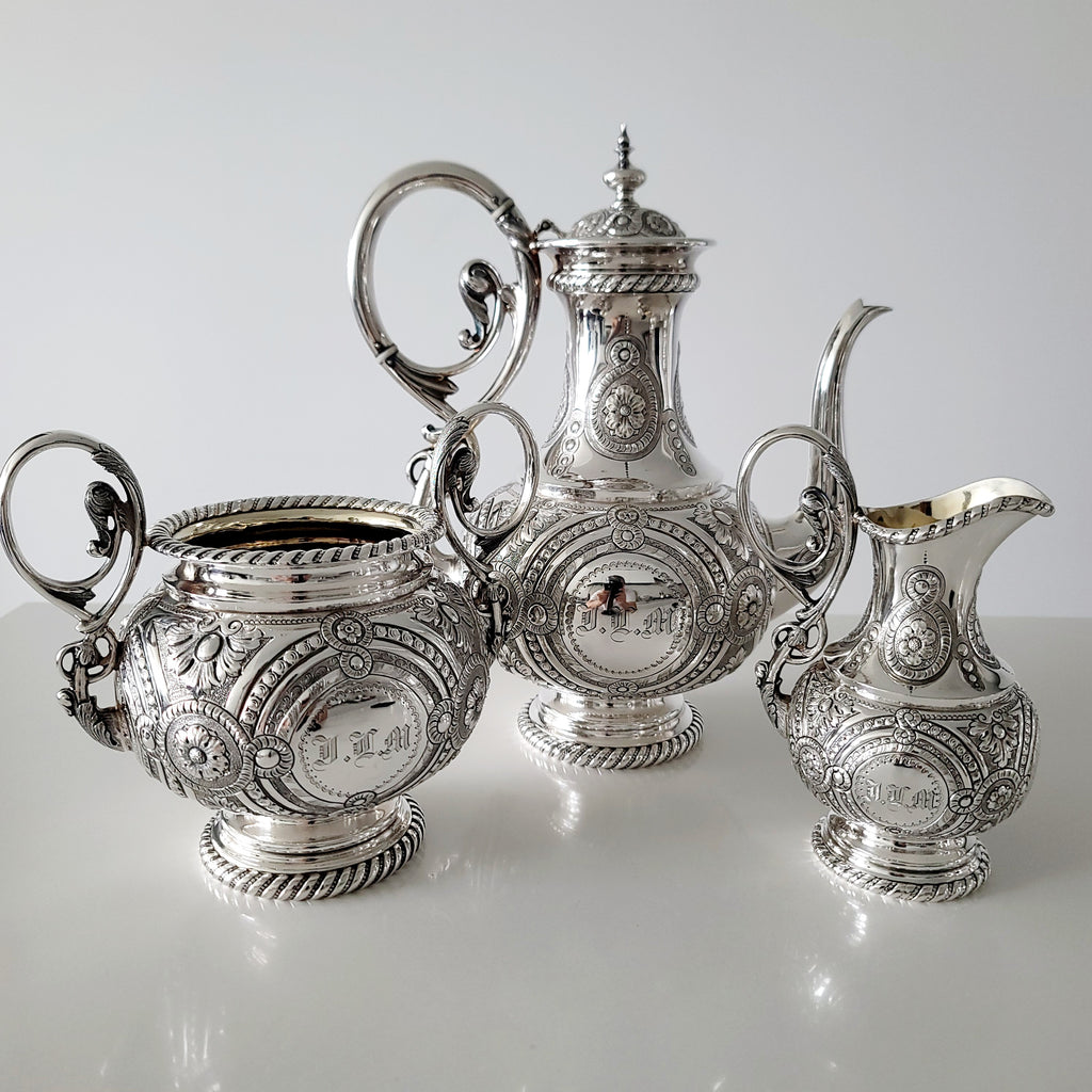 Museum Quality Victorian Silverplate Tea Set | Massive 5 Piece Heavily Engraved Service c1881 | Rare Presentation Piece. No.DS061