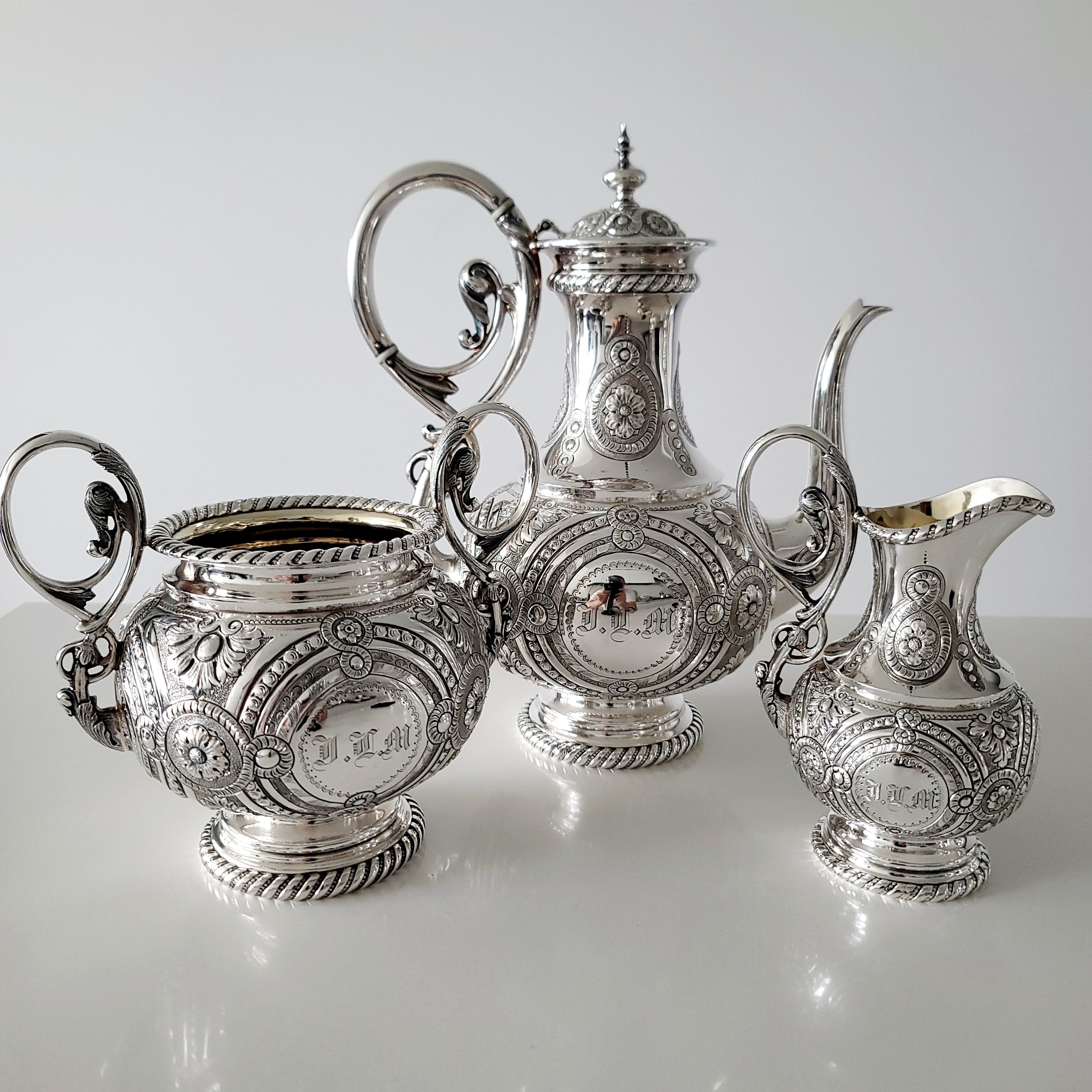 Museum Quality Victorian Silverplate Tea Set | Massive 5 Piece Heavily Engraved Service c1881 | Rare Presentation Piece. No.DS061