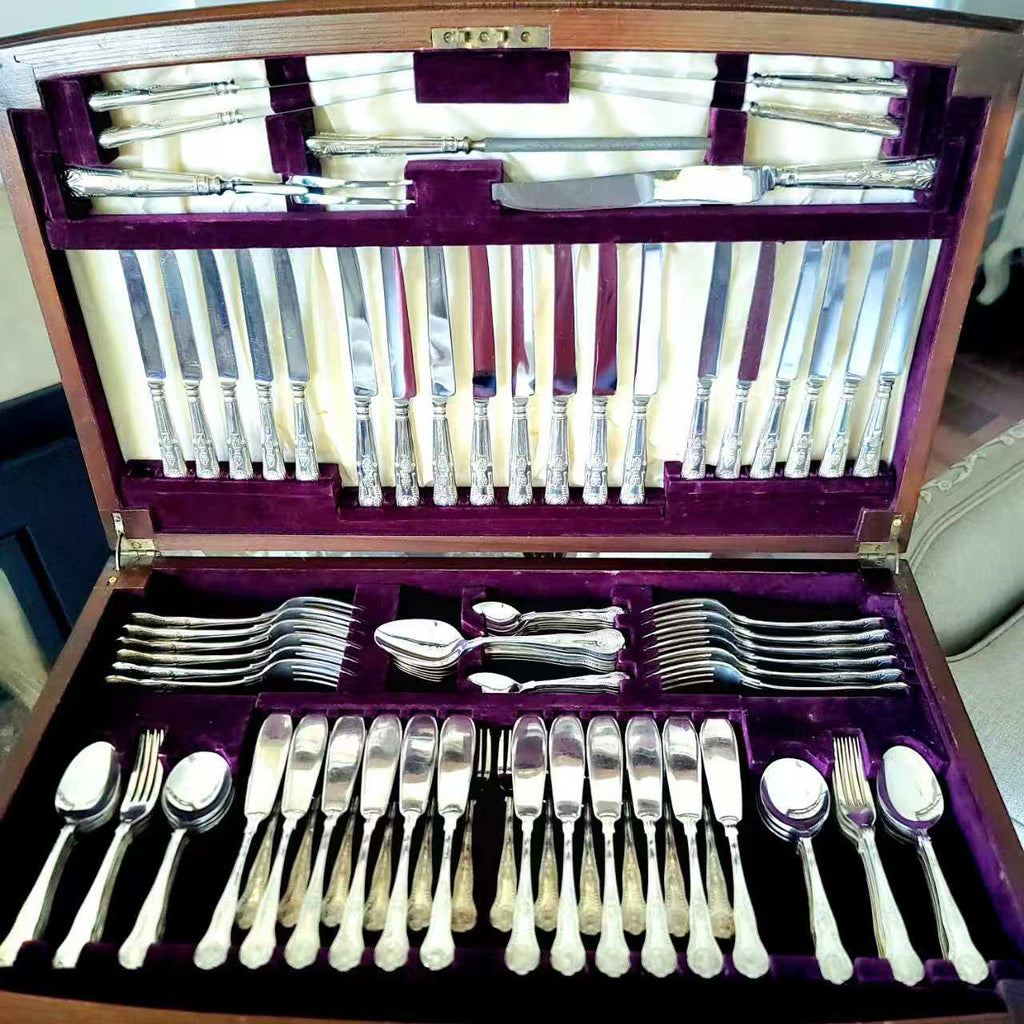 Viners of Sheffield Silver-Plated Dinnerware Set: Queen Anne Pattern, Pine Cabinet, 110 Pieces, Item No. DS048