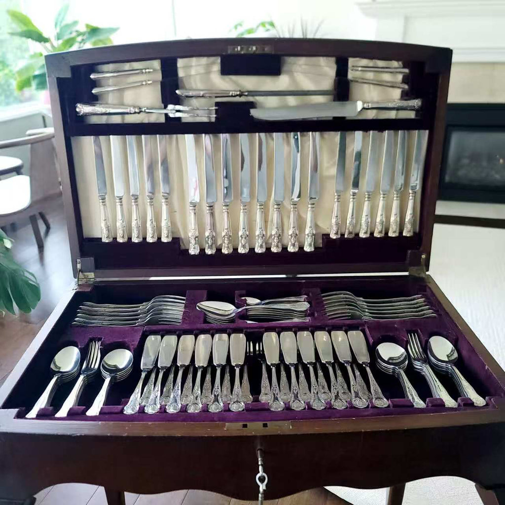 Viners of Sheffield Silver-Plated Dinnerware Set: Queen Anne Pattern, Pine Cabinet, 110 Pieces, Item No. DS048