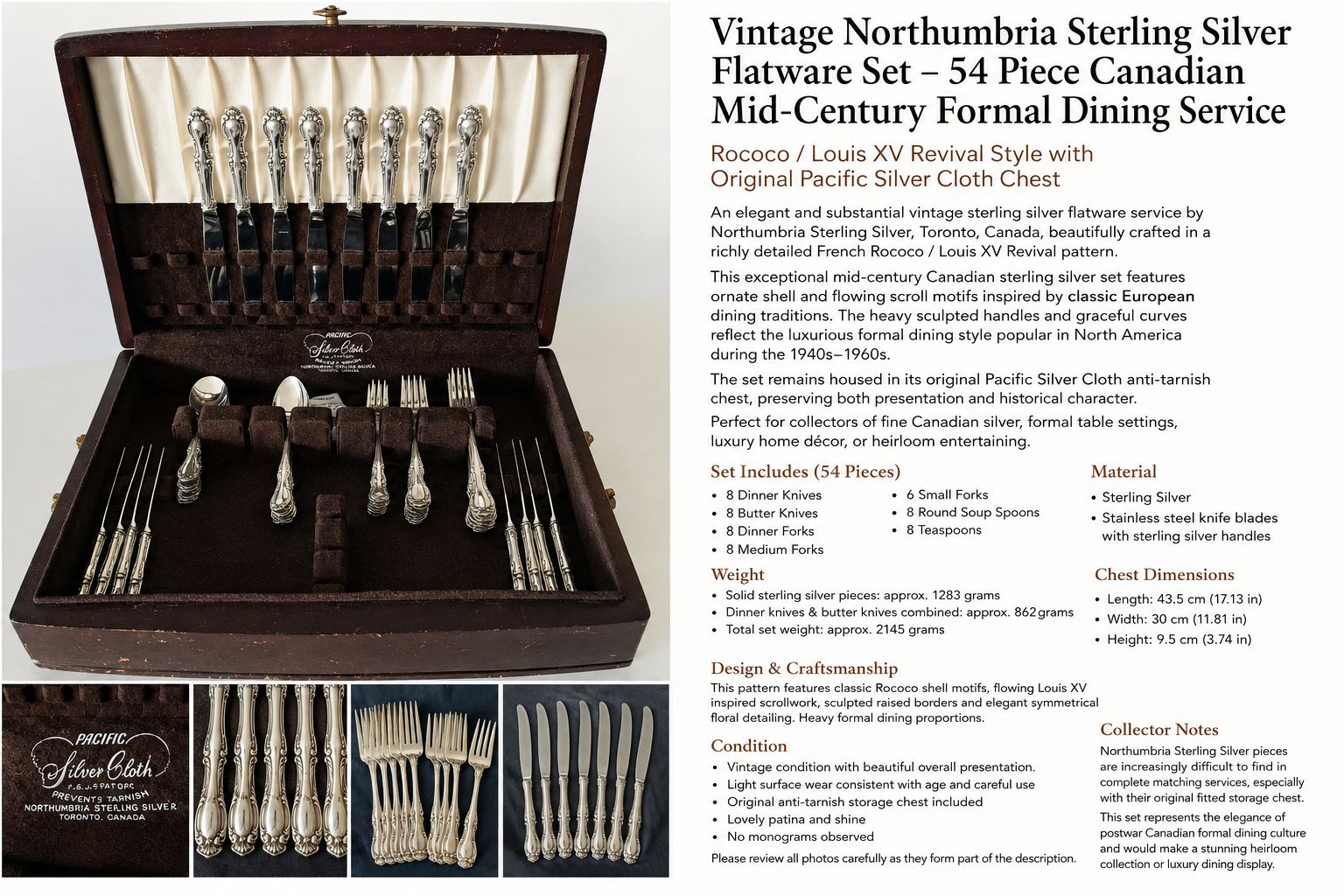 Vintage Northumbria Sterling Silver Flatware Service, 54-Piece Louis XV Set (c.1955) No.SS140