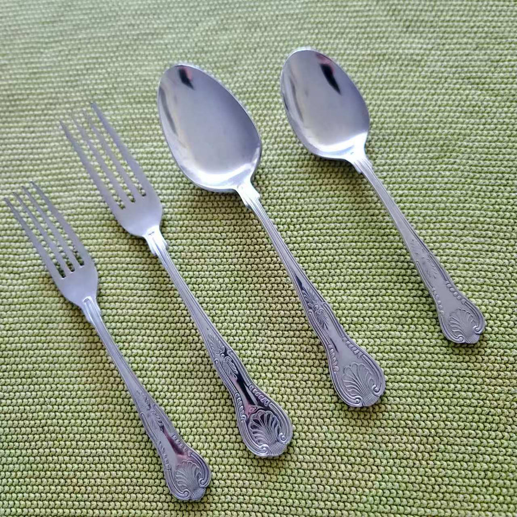 Viners of Sheffield Silver-Plated Dinnerware Set: Queen Anne Pattern, Pine Cabinet, 110 Pieces, Item No. DS048