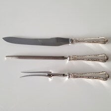 Birks Sterling Silver Carving Set – 3 Piece Roast Knife, Sharpening Steel & Fork, Ornate Pattern Handles   No.SS106