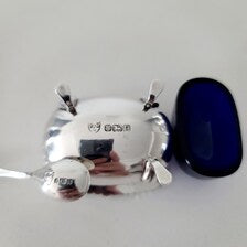 Antique Sterling Silver Condiment Set: Birmingham 1928, Blue Glass Liner, Original Box. No.SS077