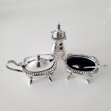 Antique Sterling Silver Condiment Set: Birmingham 1928, Blue Glass Liner, Original Box. No.SS077