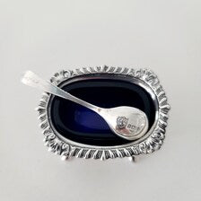 Antique Sterling Silver Condiment Set: Birmingham 1928, Blue Glass Liner, Original Box. No.SS077