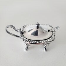 Antique Sterling Silver Condiment Set: Birmingham 1928, Blue Glass Liner, Original Box. No.SS077