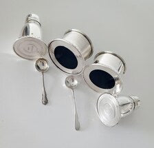 Birks, a famous Canadian brand, sterling silver salt and mustard bottle set with cobalt blue glass lining. No. SS081