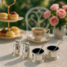 Birks, a famous Canadian brand, sterling silver salt and mustard bottle set with cobalt blue glass lining. No. SS081