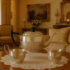 Antique Birks Sterling Silver Tea Set: Ribbed Art Deco Design. No.SS031