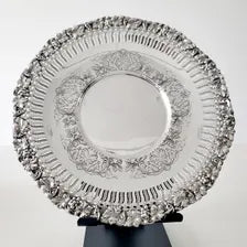 Sheffield Style Silver Plate: Sterling Grape Border, Rococo Floral Dish.  No.SS060