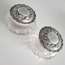 Edwardian Sterling Silver & Cut Crystal Vanity Jars - Birmingham 1904. No.SS048