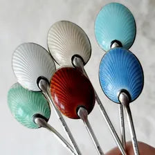 Art Deco Enamel Sterling Silver Demitasse Spoons - Birmingham 1935/36 - Set of 6. No.SS049