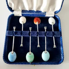 Art Deco Enamel Sterling Silver Demitasse Spoons - Birmingham 1935/36 - Set of 6. No.SS049
