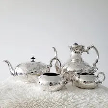 Vintage Sheffield Silver Plate Tea Coffee Set: James Dixon & Sons, Floral Engraved, 1930s. No.DS037