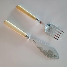 Victorian EPNS Fish Serving Set, L  W Mark, Engraved Knife & Fork, Ivorine Handles, Original Fitted Box, c.1890–1910 No.DS053