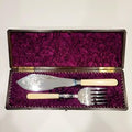 Victorian EPNS Fish Serving Set, L  W Mark, Engraved Knife & Fork, Ivorine Handles, Original Fitted Box, c.1890–1910 No.DS053