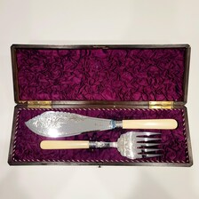 Victorian EPNS Fish Serving Set, L  W Mark, Engraved Knife & Fork, Ivorine Handles, Original Fitted Box, c.1890–1910 No.DS053