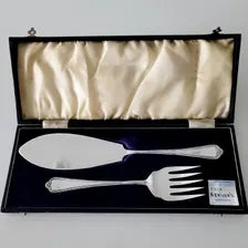 Vintage EPNS Silver Plated Fish Server Set, 1930s–1950s British Boxed Knife & Fork No.DS054
