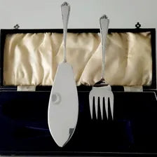 Vintage EPNS Silver Plated Fish Server Set, 1930s–1950s British Boxed Knife & Fork No.DS054