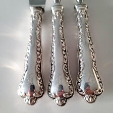 Birks Sterling Silver Carving Set – 3 Piece Roast Knife, Sharpening Steel & Fork, Ornate Pattern Handles   No.SS106