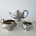 1823 London Sterling Silver Tea Set by William Chawner II – Georgian Repoussé Floral Teapot, Sugar & Creamer, 1384g Total Weight No.SS114