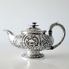 1823 London Sterling Silver Tea Set by William Chawner II – Georgian Repoussé Floral Teapot, Sugar & Creamer, 1384g Total Weight No.SS114