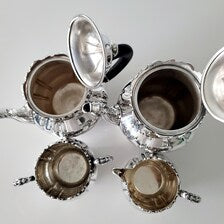 Vintage 1847 Rogers Brothers Copper Plated Silver 5 Piece Tea and Coffee Service - Teapot, Coffeepot, Sugar, Creamer (35cm Tray)  No.DS056