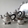 Vintage 1847 Rogers Brothers Copper Plated Silver 5 Piece Tea and Coffee Service - Teapot, Coffeepot, Sugar, Creamer (35cm Tray)  No.DS056