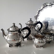 Vintage 1847 Rogers Brothers Copper Plated Silver 5 Piece Tea and Coffee Service - Teapot, Coffeepot, Sugar, Creamer (35cm Tray)  No.DS056
