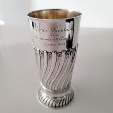 London 1886 Antique Sterling Silver Presentation Cup, 263g,C.S. Harris & Sons, Victorian Spiral-Fluted Goblet, Queen Victoria Mark. No.SS122