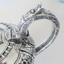 1823 London Sterling Silver Tea Set by William Chawner II – Georgian Repoussé Floral Teapot, Sugar & Creamer, 1384g Total Weight No.SS114