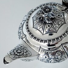 1823 London Sterling Silver Tea Set by William Chawner II – Georgian Repoussé Floral Teapot, Sugar & Creamer, 1384g Total Weight No.SS114