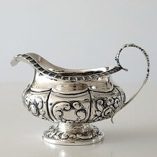 1823 London Sterling Silver Tea Set by William Chawner II – Georgian Repoussé Floral Teapot, Sugar & Creamer, 1384g Total Weight No.SS114