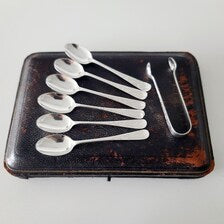 Antique Sterling Silver Teaspoons  Sugar Tongs Set · 1908 Sheffield & 1892 London Master Spoon · 58g · Original Case No.SS129