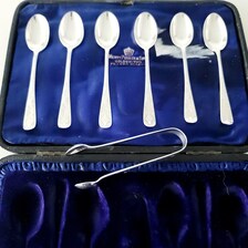 Antique Sterling Silver Teaspoons  Sugar Tongs Set · 1908 Sheffield & 1892 London Master Spoon · 58g · Original Case No.SS129