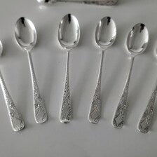 Antique Sterling Silver Teaspoons  Sugar Tongs Set · 1908 Sheffield & 1892 London Master Spoon · 58g · Original Case No.SS129