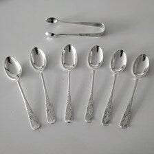Antique Sterling Silver Teaspoons  Sugar Tongs Set · 1908 Sheffield & 1892 London Master Spoon · 58g · Original Case No.SS129