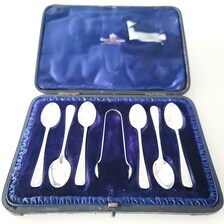 Antique Sterling Silver Teaspoons  Sugar Tongs Set · 1908 Sheffield & 1892 London Master Spoon · 58g · Original Case No.SS129