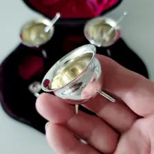 1901 Mappin & Webb Sterling Silver Salt Cellars Set w/ Spoons • London Hallmarks • Victorian–Edwardian Era • Original Case No.SS136