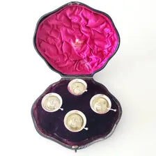 1901 Mappin & Webb Sterling Silver Salt Cellars Set w/ Spoons • London Hallmarks • Victorian–Edwardian Era • Original Case No.SS136